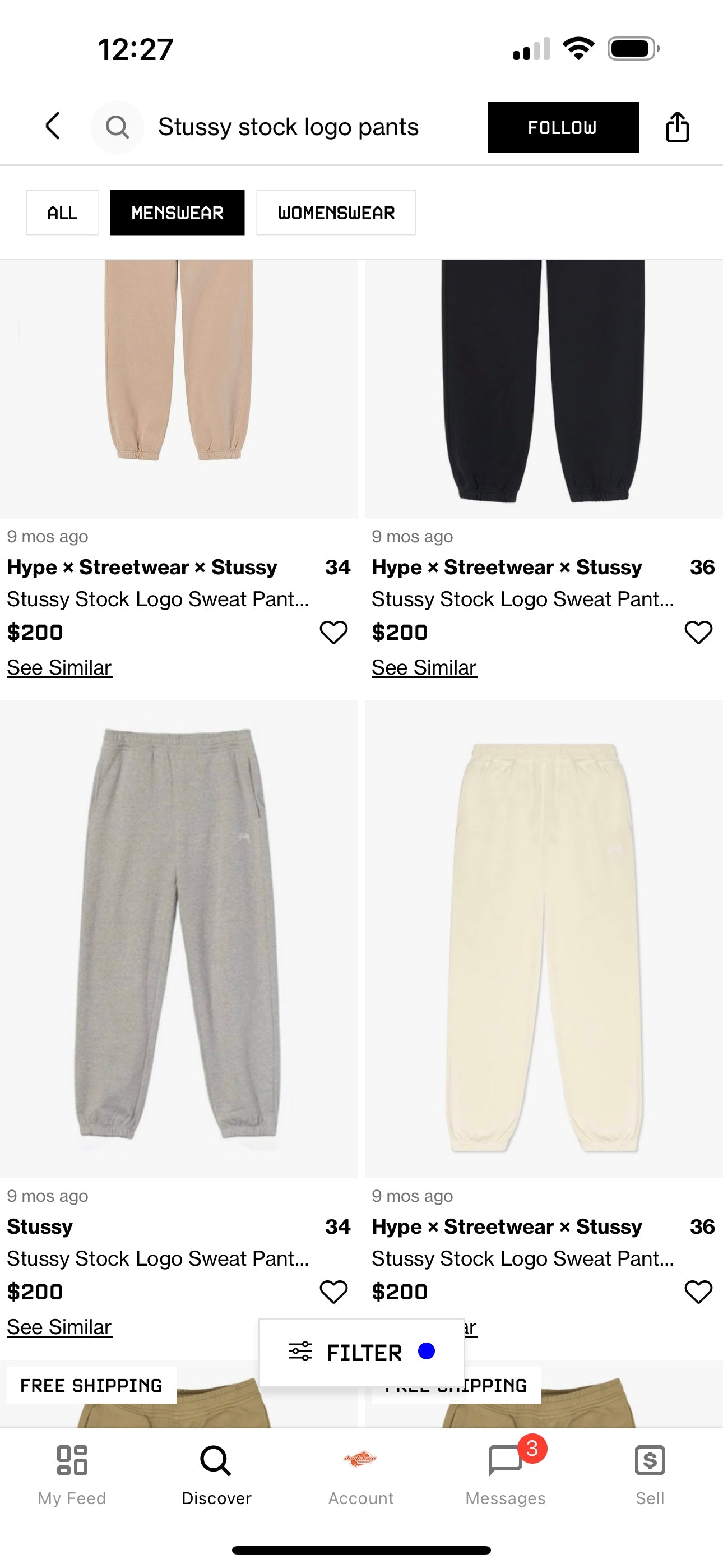 (L) Stussy 2021 stock logo sweat pants ‘oatmeal’