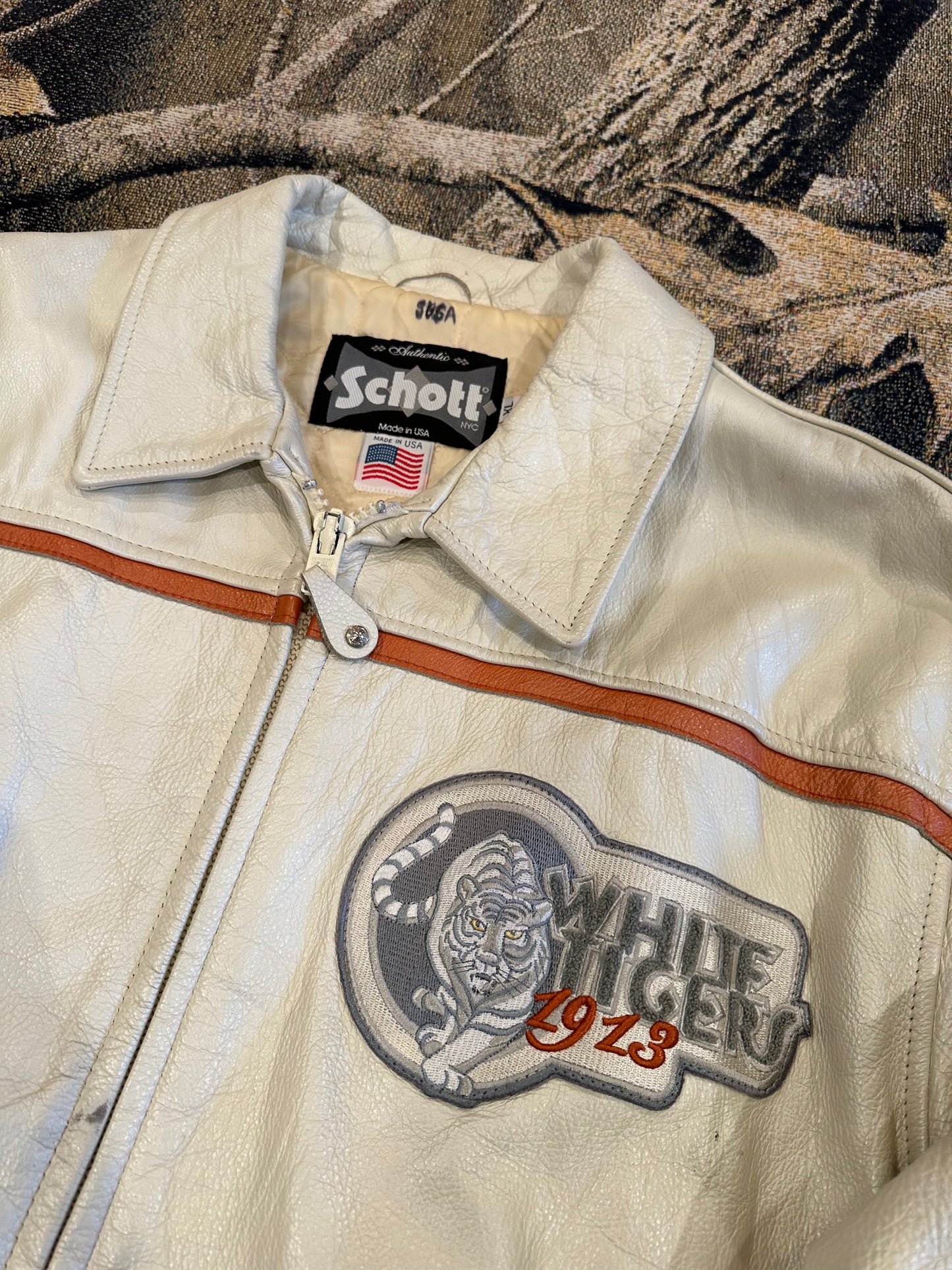 Vintage schott nyc white tiger leather jacket